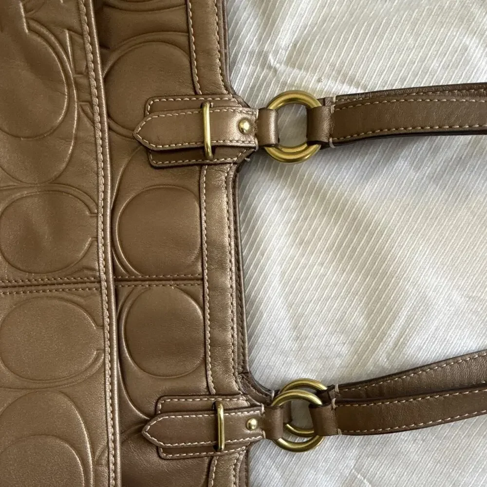 Coach Brown Embossed Logo Tote Bag Zip Closure Gold Hardware Double Handles